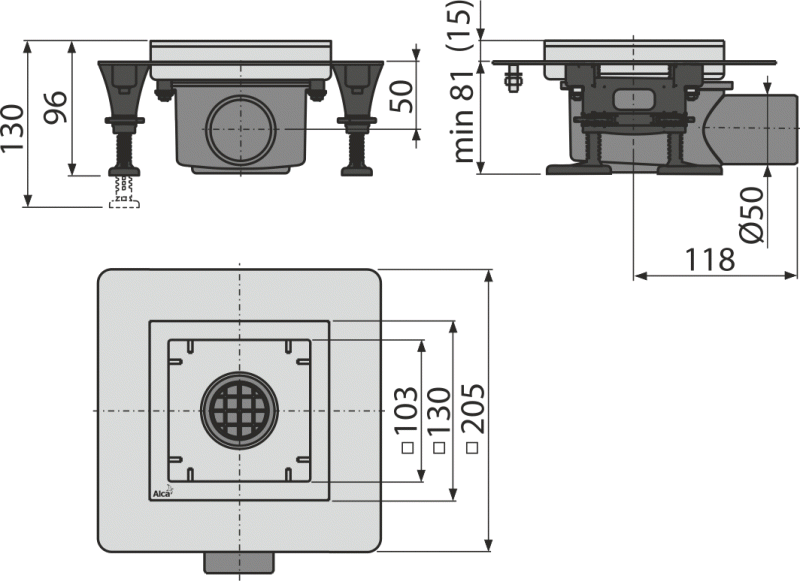 Сливной трап из нержавеющей стали низкий 130×130 мм боковой сток, без pешетки, гидрозатвор мокрый Сливной трап из нержавеющей стали низкий 130×130 мм боковой сток, без pешетки, гидрозатвор мокрый