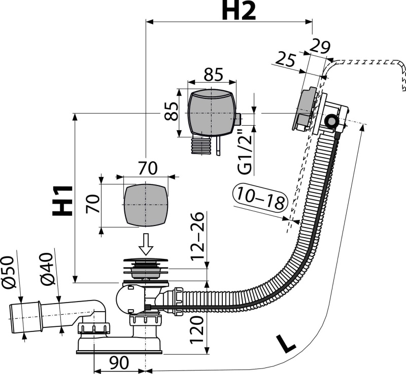 Сифон для ванны с напуском воды через перелив для ванн с толстыми стенками, хром Сифон для ванны с напуском воды через перелив для ванн с толстыми стенками, хром