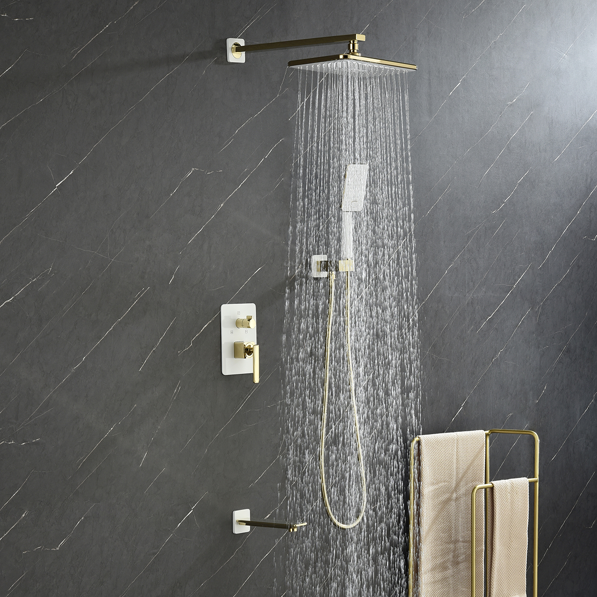 Встраиваемый смеситель с верхним душем 29х19 см, излив 18 см, латунь/белый/золото Встраиваемый смеситель с верхним душем 29х19 см, излив 18 см, латунь/белый/золото