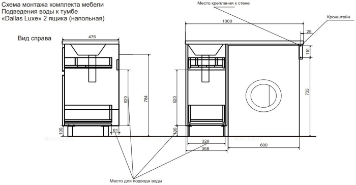 Комплект мебели Dallas Luxe 1000х482 правосторонний напольный 2 ящика (ШхГхВ) 358х476х860 Комплект мебели Dallas Luxe 1000х482 правосторонний напольный 2 ящика (ШхГхВ) 358х476х860