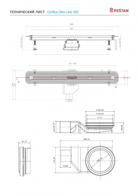 13100031 Линейный трап 450 мм CONFLUO PREMIUM SLIM LINE, ультратонкая модель с дизайн-вставкой Slim Исполнение: Матовый хром  13100031 Линейный трап 450 мм CONFLUO PREMIUM SLIM LINE, ультратонкая модель с дизайн-вставкой Slim Исполнение: Матовый хром