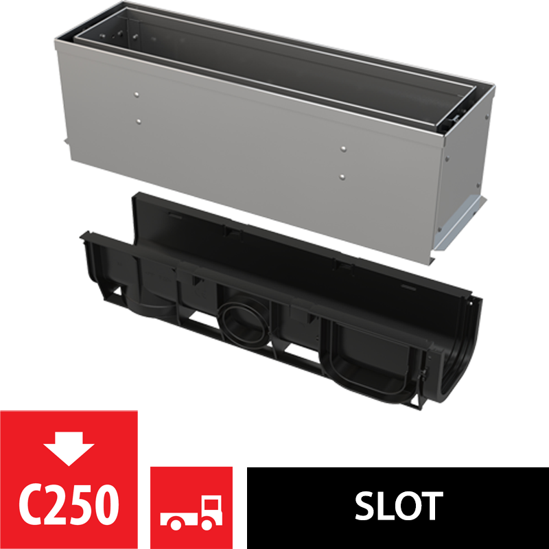 Щелевой дренажный канал с асимметричной сервисной надставкой 160 мм, нержавеющая сталь Щелевой дренажный канал с асимметричной сервисной надставкой 160 мм, нержавеющая сталь