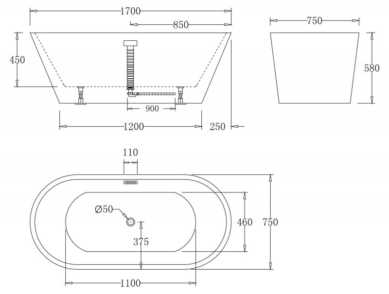 Акриловая ванна без перелива BELBAGNO BB61-1700-W0, 1700х750х600 Акриловая ванна без перелива BELBAGNO BB61-1700-W0, 1700х750х600