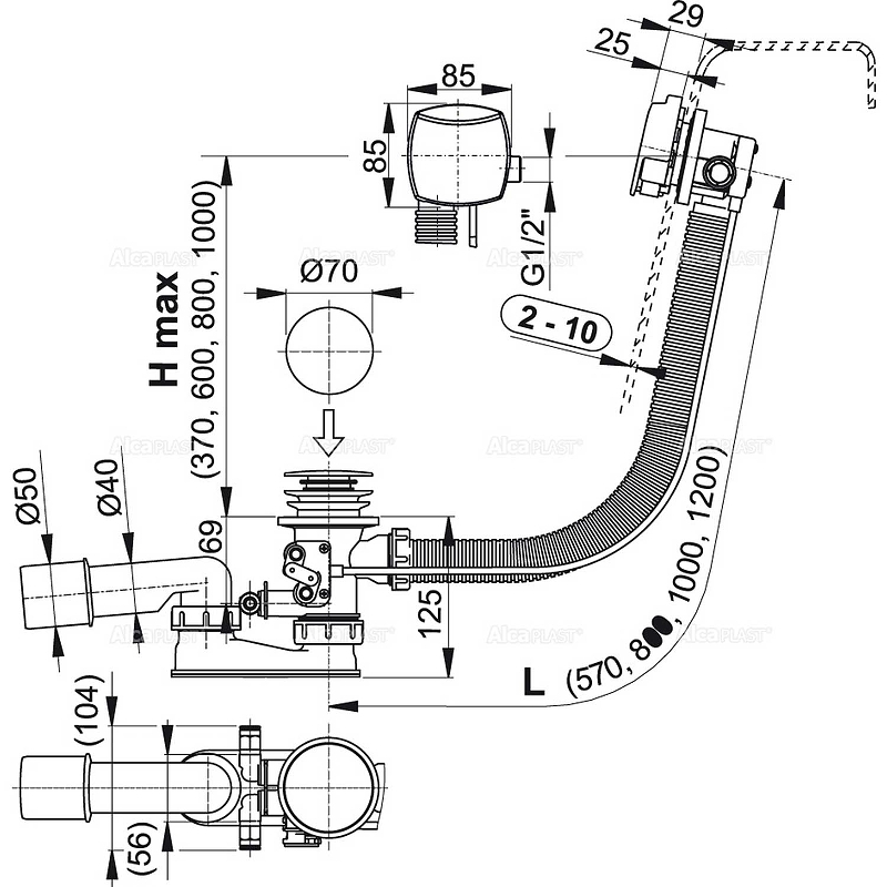 Сифон для гидромассажных ванн с напуском через перелив, металл Сифон для гидромассажных ванн с напуском через перелив, металл