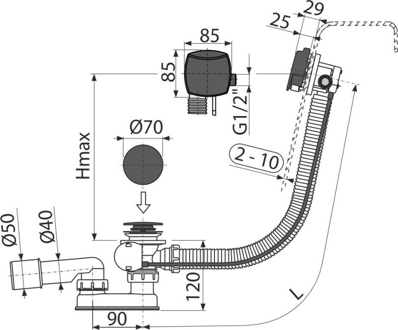Сифон для ванны автомат с напуском воды через перелив, черный-мат Сифон для ванны автомат с напуском воды через перелив, черный-мат