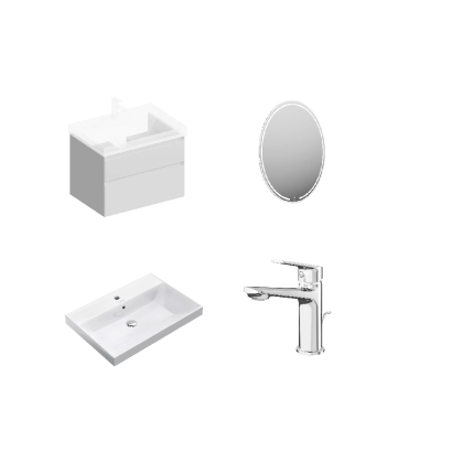 Комплект раковины и тумбы со смесителем и круглым зеркалом