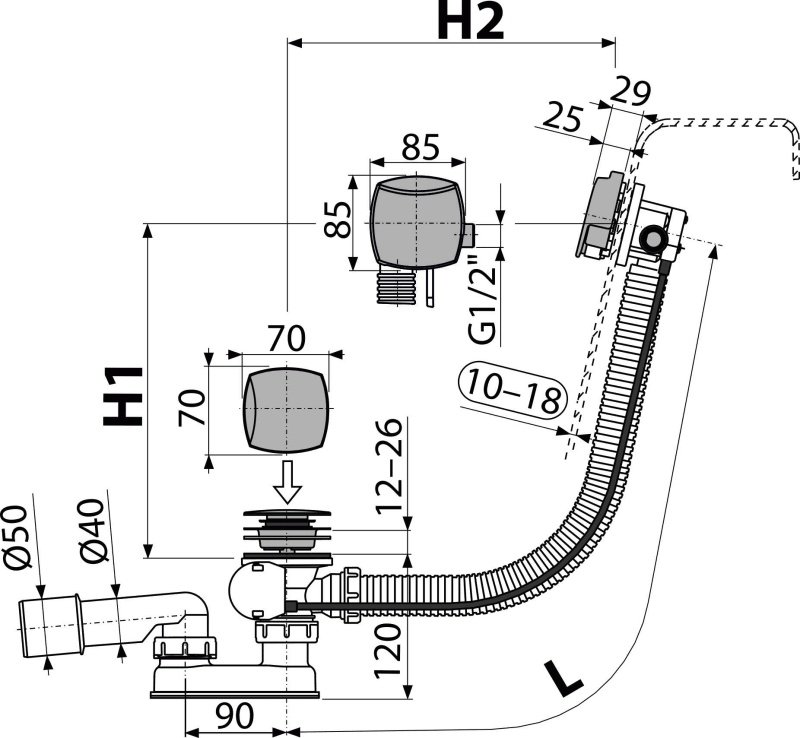 Сифон для ванны с напуском воды через перелив для ванн с толстыми стенками, хром Сифон для ванны с напуском воды через перелив для ванн с толстыми стенками, хром