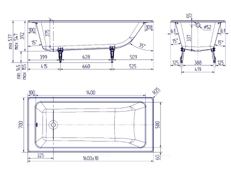Ванна чугунная Creto Strong 160x70 см 25-1160 Ванна чугунная Creto Strong 160x70 см 25-1160