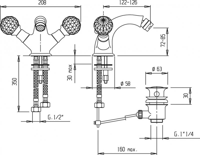 LORD-BS1-03/24 Смеситель на биде c донным клапаном золото, ручки золото LORD-BS1-03/24 Смеситель на биде c донным клапаном золото, ручки золото