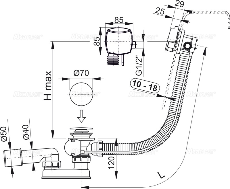 Сифон для ванны с напуском воды через перелив для ванн с толстыми стенками, хром Сифон для ванны с напуском воды через перелив для ванн с толстыми стенками, хром