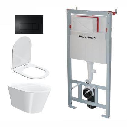 Комплект инсталляции с подвесным унитазом, черной кнопкой смыва и сиденьем
