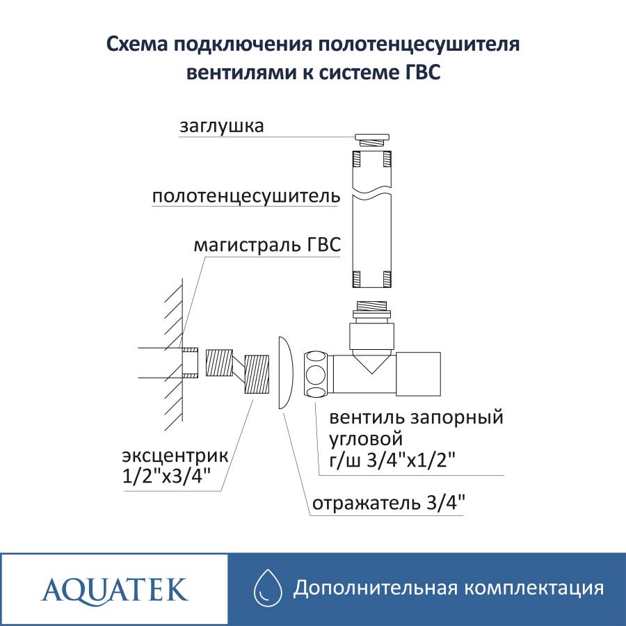 Комплект фитингов для нижнего подключения водяных полотенцесушителей типа лесенка Aquatek ( вентиль квадрат г/ш 3/4х1/2 - 2 шт + эксцентрик 3/4х1/2 - 2 шт + отражатель 3/4 - 2 шт), цвет хром Комплект фитингов для нижнего подключения водяных полотенцесушителей типа лесенка Aquatek ( вентиль квадрат г/ш 3/4х1/2 - 2 шт + эксцентрик 3/4х1/2 - 2 шт + отражатель 3/4 - 2 шт), цвет хром