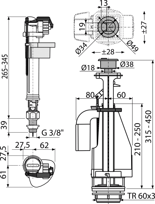 Выпускной комплект с двойной кнопкой, впускной механизм  Выпускной комплект с двойной кнопкой, впускной механизм