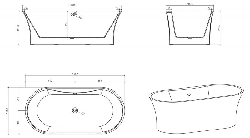 Акриловая ванна BELBAGNO BB201-1700-800 Акриловая ванна BELBAGNO BB201-1700-800