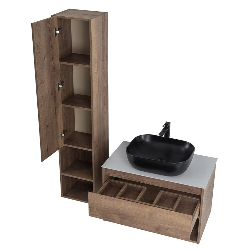 Тумба c раковиной подвесная с одним ящиком и одной открытой полкой BelBagno KRAFT 100 Rovere Tabacco, раковина белая Тумба c раковиной подвесная с одним ящиком и одной открытой полкой BelBagno KRAFT 100 Rovere Tabacco, раковина белая