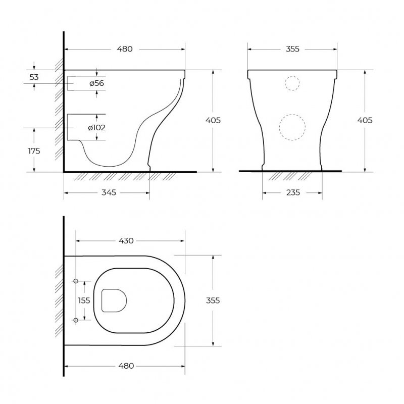 CZR-265-CBR Чаша унитаза приставного безободкового, P-trap, полное примыкание к стене  CZR-265-CBR Чаша унитаза приставного безободкового, P-trap, полное примыкание к стене