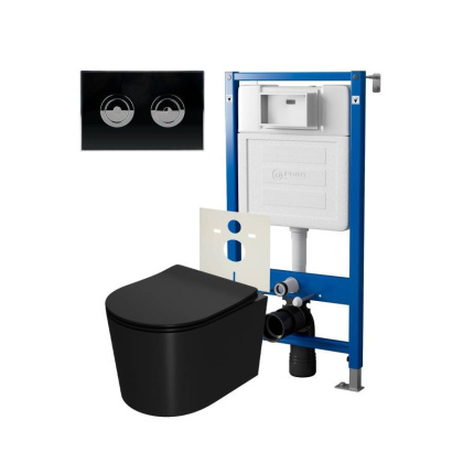 Сет: Система инсталляции пневматическая Point Элемент П для подвесного унитаза PN45121 + Клавиша смыва для пневматической инсталляции Point Венера, установка в стену, черный/хром, PN44071BC + Унитаз подвесной Point Веста безободковый, чёрн мат, PN41701BM