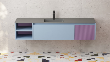 Подвесная тумба Domino 2000, шпон Tabu, для двух встраиваемых раковин, с фрезеровкой