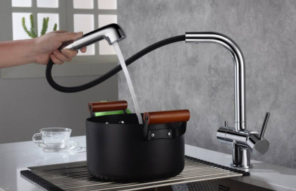 Смеситель Timo Saona 2346/00FL для кухни с подключением фильтра и выдвижной лейкой, хром