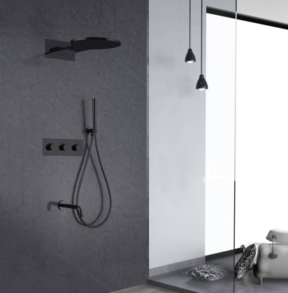 Душевая система ABBER Wasser Kreis AF8150B скрытого монтажа с изливом, термостат, черная матовая Душевая система ABBER Wasser Kreis AF8150B скрытого монтажа с изливом, термостат, черная матовая