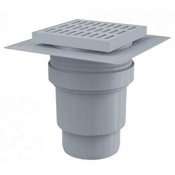 Сливной трап 150×150/110 мм прямой сток, решетка серая, воротник изоляции 2–го уровня, гидрозатвор мокрый 