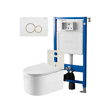 Сет: Система инсталляции Point Элемент для подвесного унитаза PN45120 + Клавиша смыва для инсталляции Point Виктория, белая/золото, PN44061WG + Унитаз подвесной Point Омега безободковый, белый, сиденье дюропласт, микролифт быстросъемное PN41902