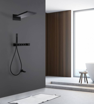 Душевая система ABBER Rund AF8753B скрытого монтажа с изливом, термостат, черная матовая Душевая система ABBER Rund AF8753B скрытого монтажа с изливом, термостат, черная матовая