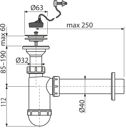 Сифон для умывальника DN40 с нержавеющей peшeткой DN63, с цепочкой Сифон для умывальника DN40 с нержавеющей peшeткой DN63, с цепочкой