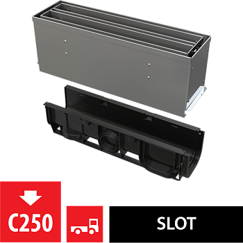 Щелевой дренажный канал с симметричной сервисной надставкой 160 мм, нержавеющая сталь Щелевой дренажный канал с симметричной сервисной надставкой 160 мм, нержавеющая сталь