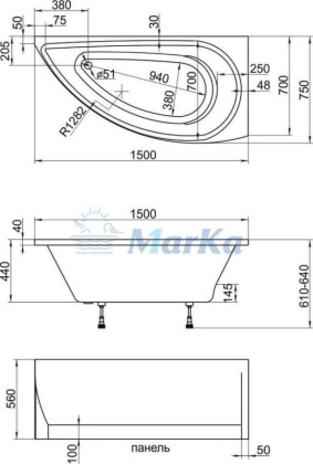 Акриловая ванна 1Marka Piccolo 150х75 L 01пк1770л Акриловая ванна 1Marka Piccolo 150х75 L 01пк1770л