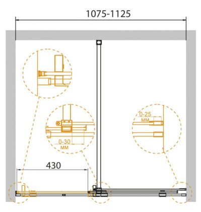 Душевая дверь STREAM-BF-1-130-C-Cr Условные размеры, мм:1300x1950 Габариты с диапазоном регулировок, мм:(1275-1325)x1950 Ширина входа, мм: 480 