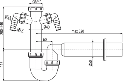 Сифон трубчатый с накидной гайкой 6/4" и двумя штуцерами Сифон трубчатый с накидной гайкой 6/4" и двумя штуцерами