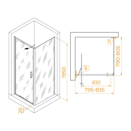Душевой уголок  80* 80*195 RGW SV-135 (SV-05 + Z-050-2) Квадрат/Хром/Прозрачное/8 мм (Easy)