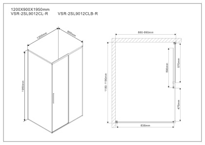 Душевой уголок Slim VSR-2SL9012CLB-R, 1200*900, матовый черный, стекло прозрачное, правый