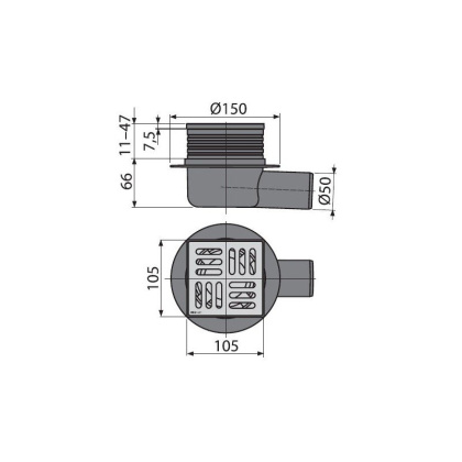 Сливной трап 105×105/50 мм боковой сток, решетка из нержавеющей стали, гидрозатвор мокрый