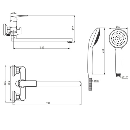 489500000 Eclipse 2.0 Смеситель для ванной и душа с универсальным изливом и душ.набором, хром