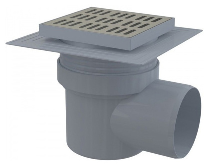 Сливной трап 150×150/110 мм боковой сток, решетка из нержавеющей стали, воротник изоляции 2–го уровня, гидрозатвор мокрый