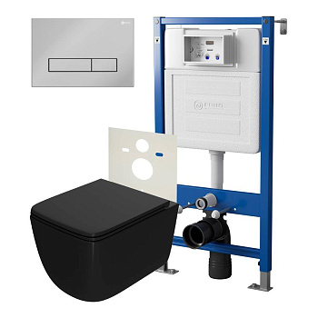 Сет: Система инсталляции Point Элемент для подвесного унитаза PN45120 + Клавиша смыва для инсталляции Point Меркурий, хром, PN44831C + Унитаз подвесной Point Меркурий безободковый сид.дюропласт микролифт быстросъем чёрн мат. PN41831BM