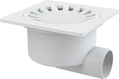 Сливной трап 150×150/50 мм боковой сток, решетка белая, гидрозатвор мокрый