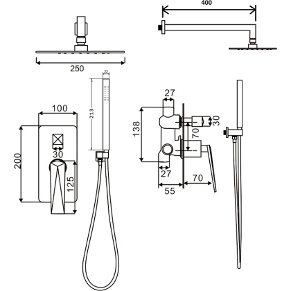 Смеситель встроенный + верхний душ + ручной душ Shine Gun Metall Смеситель встроенный + верхний душ + ручной душ Shine Gun Metall