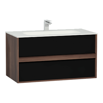 Шкаф Metropole 100 см с раковиной Infinit из искусственного камня, c 2мя ящиками,  цвет  сливовое дерево, фасад черное акриловое стекло