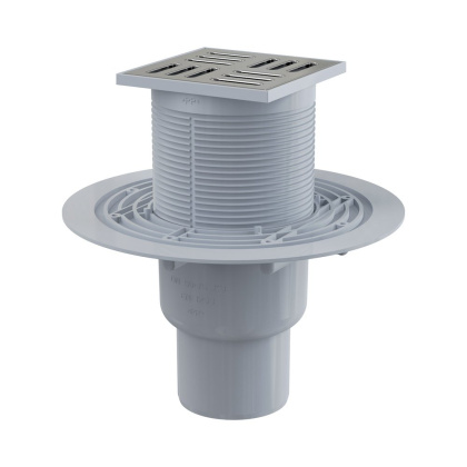 Сливной трап 105×105/50/75 мм прямой сток, решетка из нержавеющей стали, гидрозатвор мокрый