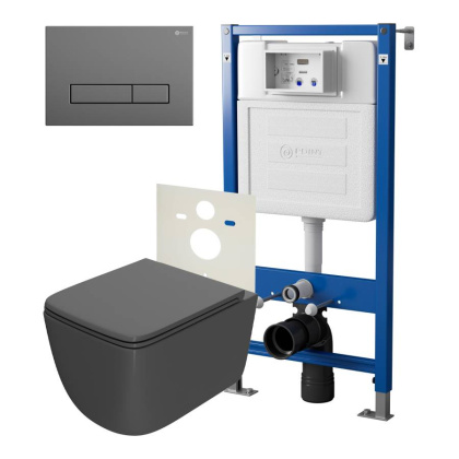 Сет: Система инсталляции Point Элемент для подвесного унитаза PN45120 + Клавиша смыва для инсталляции Point Меркурий, цвет графит, PN44831GM + Унитаз подвесной Point Меркурий безободковый, сид.дюропласт микролифт быстросъем, графит, PN41831GM
