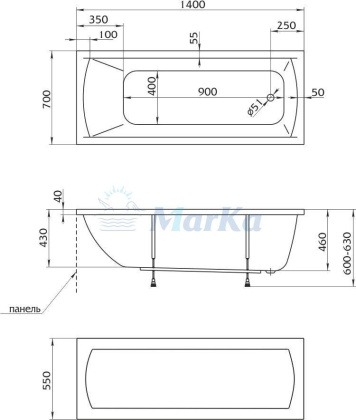 Акриловая ванна 1Marka Modern 140х70 01мод1470 Акриловая ванна 1Marka Modern 140х70 01мод1470