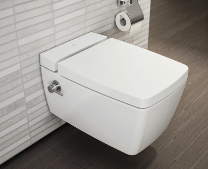 Подвесной безободковый унитаз Metropole Rim-Ex, с емкостью для чистящей жидкости, с функцией биде и встроенным смесителем Подвесной безободковый унитаз Metropole Rim-Ex, с емкостью для чистящей жидкости, с функцией биде и встроенным смесителем