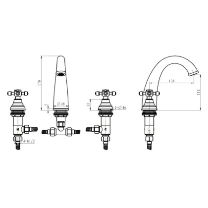 Смеситель для раковины на 3 отверстия, Camelia золото_Комплект