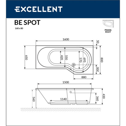 Ванна EXCELLENT Be Spot 160x80 (правая) "SOFT" (золото) Ванна EXCELLENT Be Spot 160x80 (правая) "SOFT" (золото)
