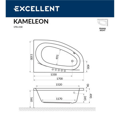 Ванна EXCELLENT Kameleon 170x110 (правая) "LINE" (хром) Ванна EXCELLENT Kameleon 170x110 (правая) "LINE" (хром)