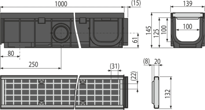 Дренажный канал 100 мм с пластиковой рамой и оцинкованной решеткой B125