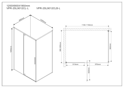 Душевой уголок Slim VPR-2SL9012CLB-L, 1200*900, матовый черный, стекло прозрачное, левый